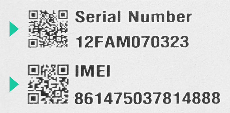Example label showing where to find the serial number and IMEI